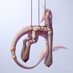 Size: 2160x2160 | Tagged: safe, artist:inarimayer, imported from derpibooru, oc, oc only, pony, unicorn, bondage, butt, horn, horn ring, leonine tail, plot, ring, rope, rope bondage, shibari, solo, suspended, suspension bondage, tail, unicorn oc