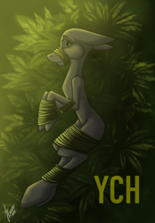 Size: 1640x2360 | Tagged: safe, artist:stirren, imported from derpibooru, pony, bondage, bound, bush, commission, grass, hooves, leaves, looking at you, plant, rope, rope bondage, solo, your character here