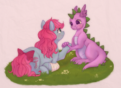 Size: 1280x930 | Tagged: safe, artist:kotletova, imported from derpibooru, baby cuddles, spike (g1), dragon, earth pony, pony, baby, baby cuddles being a tomboy, baby dragon, bandage, bow, cuddlebetes, cute, eyelashes, female, filly, foal, g1, g1 spikabetes, g1 to g4, g4, generation leap, holding hands, holding hooves, signature, tail, tail bow, tomboy