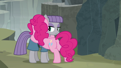 Size: 1280x720 | Tagged: safe, imported from derpibooru, screencap, maud pie, pinkie pie, earth pony, pony, rock solid friendship, season 7, balloonbutt, butt, duo, duo female, female, hug, mare, pie sisters, plot, sibling love, siblings, sisterly love, sisters