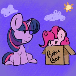 Size: 1000x1000 | Tagged: safe, artist:orbitingdamoon, imported from derpibooru, pinkie pie, twilight sparkle, alicorn, earth pony, pony, unicorn, box, duo, pony in a box, twilight sparkle (alicorn)