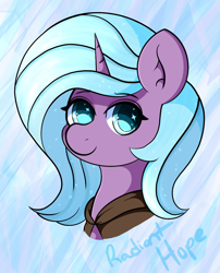 Size: 1110x1376 | Tagged: safe, artist:orbitingdamoon, idw, imported from derpibooru, radiant hope, crystal pony, pony, unicorn, bust, eyebrows, eyebrows visible through hair, female, looking at you, mare, smiling, smiling at you, solo