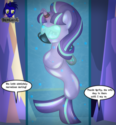 Size: 3840x4154 | Tagged: safe, artist:damlanil, imported from derpibooru, starlight glimmer, mermaid, merpony, pony, unicorn, air tank, alternate scenario, bdsm, bodysuit, bondage, catsuit, clothes, comic, commission, encasement, female, horn, horn ring, implied rarity, implied twilight sparkle, latex, latex suit, magic suppression, mare, punish the villain, rebreather, ring, rubber, s5 starlight, shiny, show accurate, solo, speech bubble, story, story included, straitjacket, suit, text, twilight's castle, underwater, vector, water tank