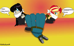 Size: 3098x1936 | Tagged: safe, artist:robukun, imported from derpibooru, sunset shimmer, equestria girls, arm behind back, ass, bondage, bound and gagged, bunset shimmer, butt, cloth gag, crossover, duo, duo female, female, gag, help us, hino rei, muffled words, rope, ropes, sailor moon, struggling, sweat, sweatdrop, tied up