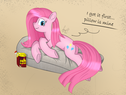 Size: 2400x1800 | Tagged: safe, artist:habiepon3, imported from derpibooru, pinkie pie, earth pony, pony, cute, dialogue, high res, juice, juice box, looking at you, lying down, pillow, pinkamena diane pie, simple background, smiling, solo