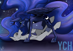 Size: 2360x1640 | Tagged: safe, artist:stirren, imported from derpibooru, princess luna, oc, alicorn, pony, commission, couple, flowy mane, looking down, looking up, night, pinned down, solo, starry night, starry sky, your character here