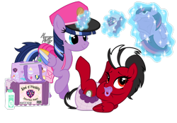 Size: 2372x1652 | Tagged: safe, artist:mommymidday, imported from derpibooru, twilight sparkle, oc, oc only, oc:paddy sparkle, oc:shatter misty cloud, alicorn, pegasus, pony, adult foal, clothes, commission, costume, diaper, diaper bag, diaper change, diaper fetish, diaper package, duo, duo female, female, fetish, foal powder, glowing, glowing horn, horn, kigurumi, levitation, magic, mare, non-baby in diaper, pacifier, poofy diaper, shatter (transformers), show accurate, simple background, smiling, telekinesis, transformers, transparent background