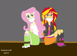 Size: 2338x1700 | Tagged: safe, artist:robukun, imported from derpibooru, fluttershy, sunset shimmer, equestria girls, angry, arm behind back, bondage, bound and gagged, cloth gag, danger, gag, glare, help, help me, help us, looking at someone, looking at you, scared, struggling, tied up, worried