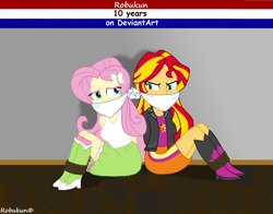 Size: 2763x2171 | Tagged: safe, artist:robukun, imported from derpibooru, fluttershy, sunset shimmer, equestria girls, angry, arm behind back, bondage, bound and gagged, cloth gag, gag, glare, help, help me, help us, humanized, looking at each other, looking at someone, redraw, scared, struggling, tied up, worried