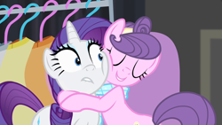 Size: 1280x720 | Tagged: safe, imported from derpibooru, screencap, rarity, suri polomare, earth pony, pony, unicorn, rarity takes manehattan, season 4, duo, duo female, female, hape, hug, mare, personal space invasion, squishy cheeks