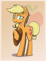 Size: 3000x4000 | Tagged: safe, artist:danger_above, imported from derpibooru, applejack, earth pony, pony, clothes, ear fluff, hat, high res, looking at you, raised hoof, raised leg, simple background, smiling, smiling at you, solo