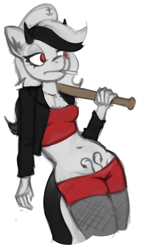 Size: 543x938 | Tagged: safe, artist:marsminer, imported from derpibooru, oc, oc:strelka, anthro, baseball bat, belly button, cigarette, clothes, fishnets, horns, jacket, short shirt, shorts, tattoo, two toned mane, womb tattoo