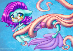 Size: 1489x1052 | Tagged: safe, artist:chaosangeldesu, imported from derpibooru, oc, oc only, oc:pearl seaswirl, octopus, sea pony, seapony (g4), blue background, blushing, fin wings, fins, fish tail, flowing tail, jewelry, necklace, ocean, open mouth, open smile, pearl necklace, purple mane, simple background, smiling, solo, tail, tentacles, underwater, water, wings