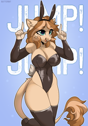 Size: 1400x2000 | Tagged: safe, artist:butterbit, imported from derpibooru, oc, oc only, anthro, earth pony, big breasts, breasts, bunny ears, bunny suit, cleavage, clothes, cute, ear fluff, eye clipping through hair, eyebrows, eyebrows visible through hair, eyelashes, female, high-cut clothing, leonine tail, leotard, open mouth, open smile, playboy bunny, sexy, smiling, socks, solo, tail, thigh highs