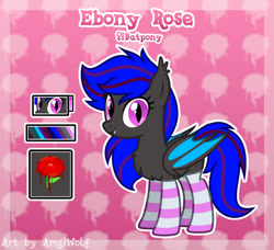 Size: 935x854 | Tagged: safe, artist:amgiwolf, imported from derpibooru, oc, oc only, oc:ebony rose, bat pony, chest fluff, clothes, cute, ear tufts, fangs, reference sheet, socks, striped socks, watermark