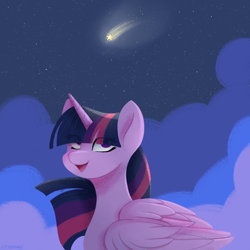 Size: 2500x2500 | Tagged: safe, artist:cottonaime, imported from derpibooru, twilight sparkle, alicorn, pony, horn, looking up, open mouth, shooting star, smiling, solo, twilight sparkle (alicorn), wings