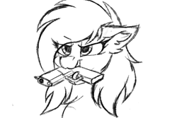 Size: 3000x2000 | Tagged: safe, artist:dreamyskies, imported from derpibooru, oc, oc only, oc:pestyskillengton, pegasus, pony, bust, cute, female, gun, handgun, mare, mouth hold, not filly anon, pistol, simple background, sketch, solo, weapon, white background