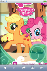 Size: 640x960 | Tagged: safe, imported from derpibooru, applejack, pinkie pie, 2012, blonde, cute, friendship express, hasbro, hatless, jackabetes, locomotive, looking at you, missing accessory, official, raised hoof, steam locomotive, stock vector, train, website