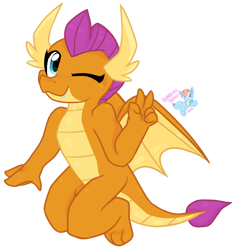 Size: 1433x1522 | Tagged: safe, artist:rainbow eevee, imported from derpibooru, smolder, dragon, cute, dragoness, female, one eye closed, peace, simple background, smolderbetes, solo, spread wings, transparent background, vector, wings, wink