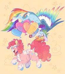 Size: 1280x1451 | Tagged: safe, artist:wanderingpegasus, imported from derpibooru, pinkie pie, rainbow dash, earth pony, pegasus, pony, alternate hairstyle, balloon, blaze (coat marking), blushing, body markings, chest fluff, coat markings, colored hooves, colored wings, cute, dashabetes, diapinkes, duo, eye clipping through hair, facial markings, female, floating, flying, grin, happy, heart, heart balloon, lesbian, looking at each other, looking at someone, mare, markings, multicolored wings, open mouth, pale belly, pinkiedash, rainbow wings, redesign, shipping, simple background, smiling, snip (coat marking), socks (coat markings), then watch her balloons lift her up to the sky, unshorn fetlocks, upside down, wings, yellow background