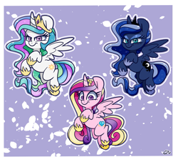 Size: 2473x2244 | Tagged: safe, artist:lou, imported from derpibooru, princess cadance, princess celestia, princess luna, alicorn, pony, alicorn triarchy, crown, cute, cutedance, cutelestia, ethereal mane, female, flying, freckles, hoof shoes, jewelry, looking at you, lunabetes, mare, regalia, smiling, starry mane, starry tail, tail, trio, trio female
