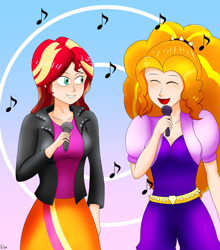Size: 1280x1457 | Tagged: safe, artist:film77asq, imported from derpibooru, adagio dazzle, sunset shimmer, equestria girls, duet, female, lesbian, microphone, music notes, shipping, singing, sunsagio