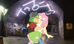 Size: 1024x615 | Tagged: safe, artist:yungdeez, imported from derpibooru, fluttershy, sandalwood, equestria girls, equestria girls in real life, female, irl, kissing, male, photo, sandalshy, shipping, straight
