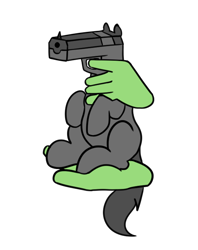 Size: 570x720 | Tagged: safe, artist:neuro, imported from derpibooru, oc, oc only, oc:anon, oc:gunhorse, human, original species, pony, delet this, disembodied hand, duo, gun, hand, handgun, not salmon, object head, pistol, simple background, solo focus, transparent background, wat