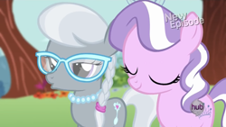 Size: 2208x1242 | Tagged: safe, imported from ponybooru, screencap, diamond tiara, silver spoon, earth pony, pony, flight to the finish, bedroom eyes, braided pigtails, cute, diamondbetes, duo, eyes closed, female, filly, foal, glasses, hub logo, jewelry, kissy face, necklace, pearl necklace, pigtails, silverbetes, tiara