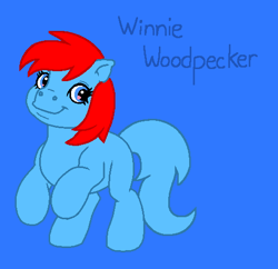 Size: 504x487 | Tagged: safe, artist:mlpfanboy579, bird, earth pony, pony, blue background, blue tail, crossover, female, full body, g3, hooves, mare, ponified, rearing, red hair, red mane, simple background, smiling, solo, tail, the new woody woodpecker show, winnie woodpecker, woodpecker, woody woodpecker