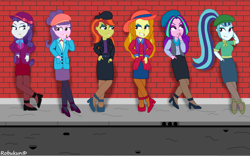 Size: 3098x1936 | Tagged: safe, artist:robukun, imported from derpibooru, adagio dazzle, aria blaze, sonata dusk, suri polomare, oc, oc:miss rary, oc:rougher, human, equestria girls, alleyway, cigarette, gangster, hanging out, humanized, looking at each other, looking at someone, serious, serious face, smiling, smirk, smoking, thug, thug life