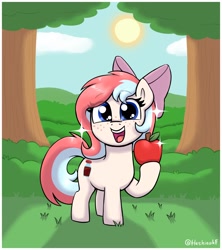Size: 1728x1944 | Tagged: safe, artist:heretichesh, imported from derpibooru, oc, oc only, oc:fizzie, earth pony, pony, apple, bow, cute, eye clipping through hair, eyebrows, eyebrows visible through hair, female, filly, foal, food, hair bow, looking at you, ocbetes, open mouth, open smile, signature, smiling, smiling at you, solo, sparkles