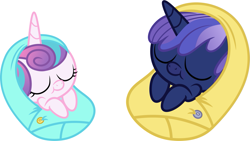 Size: 1173x662 | Tagged: safe, artist:whalepornoz, imported from derpibooru, princess flurry heart, oc, oc:prince nova sparkle, alicorn, pony, fanfic:cat's cradle, alicorn oc, baby, baby pony, blanket, brother, brother and sister, closed mouth, colt, cousins, cute, duo, eyelashes, eyes closed, family, female, filly, foal, half-brother, half-cousins, half-siblings, half-sister, horn, male, nostrils, offspring, parent:shining armor, parent:twilight sparkle, parents:shining sparkle, prince, princess, product of incest, product of sparklecest, royalty, shakespearicles, show accurate, siblings, simple background, sister, sleeping, smiling, swaddling, wall of tags, white background, wings