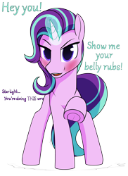 Size: 3500x4800 | Tagged: safe, artist:dacaoo, imported from derpibooru, starlight glimmer, pony, unicorn, blushing, implied twilight sparkle, looking at you, magic, offscreen character, raised hoof, simple background, solo, text, transparent background, underhoof