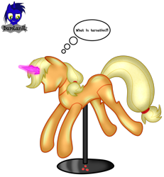 Size: 3840x4154 | Tagged: safe, artist:damlanil, imported from derpibooru, applejack, earth pony, pony, bondage, clothes, collar, comic, crystal horn, encasement, fake horn, female, horn, i have no mouth and i must scream, inanimate tf, latex, link in description, magic, magic aura, mannequin, mannequin tf, mare, no mouth, objectification, pedestal, petrification, ponyquin, rubber, shiny, show accurate, simple background, solo, speech bubble, text, transformation, transparent background, vector