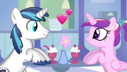 Size: 1280x720 | Tagged: safe, artist:mlplary6, imported from derpibooru, princess cadance, shining armor, alicorn, pony, unicorn, female, flower, heart, looking at each other, male, mare, milkshake, smiling, smiling at each other, stallion, straight