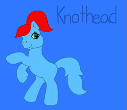 Size: 719x622 | Tagged: safe, artist:mlpfanboy579, earth pony, pony, bipedal, blue background, blue tail, female, full body, g3, green eyes, hooves, knothead, mare, ponified, ponytail, rearing, red hair, red mane, simple background, smiling, solo, standing, woody woodpecker