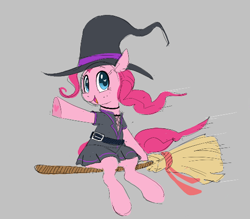 Size: 536x469 | Tagged: safe, artist:hattsy, pinkie pie, earth pony, pony, aggie.io, broom, clothes, costume, dress, female, flying, hat, mare, open mouth, raised hoof, simple background, smiling, witch