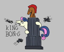Size: 378x307 | Tagged: safe, bon bon, sweetie drops, earth pony, pony, aggie.io, female, king kong, mare, open mouth, plane, simple background, skyscraper