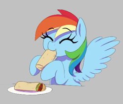 Size: 397x339 | Tagged: safe, artist:thebatfang, rainbow dash, pegasus, pony, aggie.io, burrito, eating, eyes closed, female, food, mare, plate, simple background, sitting, smiling, spread wings, wings