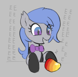 Size: 374x368 | Tagged: safe, oc, oc only, oc:lucky roll, bat pony, pony, aggie.io, bow, clothes, eeee, fangs, female, food, mango, mare, open mouth, simple background, smiling, socks