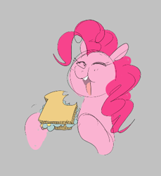 Size: 364x397 | Tagged: safe, artist:hattsy, pinkie pie, earth pony, pony, aggie.io, eating, eyes closed, female, food, mare, open mouth, sandwich, simple background, smiling