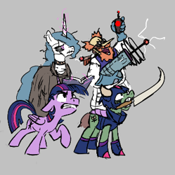 Size: 334x336 | Tagged: safe, twilight sparkle, oc, alicorn, earth pony, pony, aggie.io, armor, clothes, frown, lowres, mad scientist, mouth hold, simple background, sword, weapon