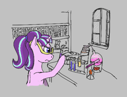 Size: 432x330 | Tagged: safe, artist:anonymous, starlight glimmer, pony, unicorn, aggie.io, alchemy, book, bookshelf, crystal, female, fire crystal, flask, frown, gray background, magnifying glass, mare, science, simple background, solo, starlight the artificer, test tube, thaumonomicon, window