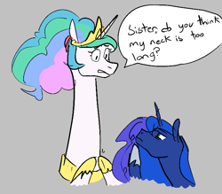 Size: 667x584 | Tagged: safe, artist:rirurirue, princess celestia, princess luna, alicorn, pony, aggie.io, dialogue, female, frown, long neck, mare, simple background, talking