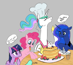 Size: 1017x910 | Tagged: safe, artist:hattsy, artist:rirurirue, lyra heartstrings, pinkie pie, princess celestia, princess luna, twilight sparkle, alicorn, earth pony, pony, aggie.io, chef's hat, chocolate, chocolate milk, eyes closed, female, food, hat, mare, milk, open mouth, pancakes, raised hoof, simple background, smiling, tongue out