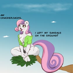 Size: 1120x1120 | Tagged: safe, artist:cosmonaut, imported from derpibooru, sweetie belle, anthro, digitigrade anthro, squirrel, braless, breasts, busty sweetie belle, cleavage, clothes, older, older sweetie belle, open clothes, open shirt, shorts, sitting, solo, species swap, talking to herself, tree branch