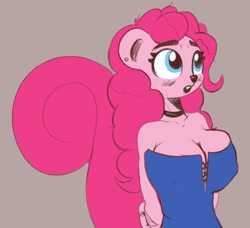 Size: 856x779 | Tagged: safe, artist:cosmonaut, imported from derpibooru, pinkie pie, anthro, squirrel, arm behind back, big breasts, breasts, busty pinkie pie, cleavage, clothes, corset, female, huge breasts, simple background, solo, species swap