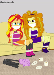 Size: 1280x1761 | Tagged: safe, artist:robukun, imported from derpibooru, adagio dazzle, sunset shimmer, equestria girls, bondage, bound and gagged, cloth gag, clothes, couch, gag, help, help me, help us, looking at each other, looking at someone, oh no, rope, rope bondage, ropes, sad, scared, shipping, shipping fuel, smiling, smirk, snark, tied up, worried