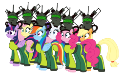 Size: 5516x3500 | Tagged: safe, artist:edcom02, artist:jmkplover, imported from derpibooru, applejack, fluttershy, pinkie pie, rainbow dash, rarity, twilight sparkle, alicorn, earth pony, pony, unicorn, bodysuit, brainwashing, clothes, crossover, female, freckles, hat, helmet, jimmy neutron: boy genius, jumpsuit, mane six, mind control, simple background, suit, transparent background, twilight sparkle (alicorn), yolkians